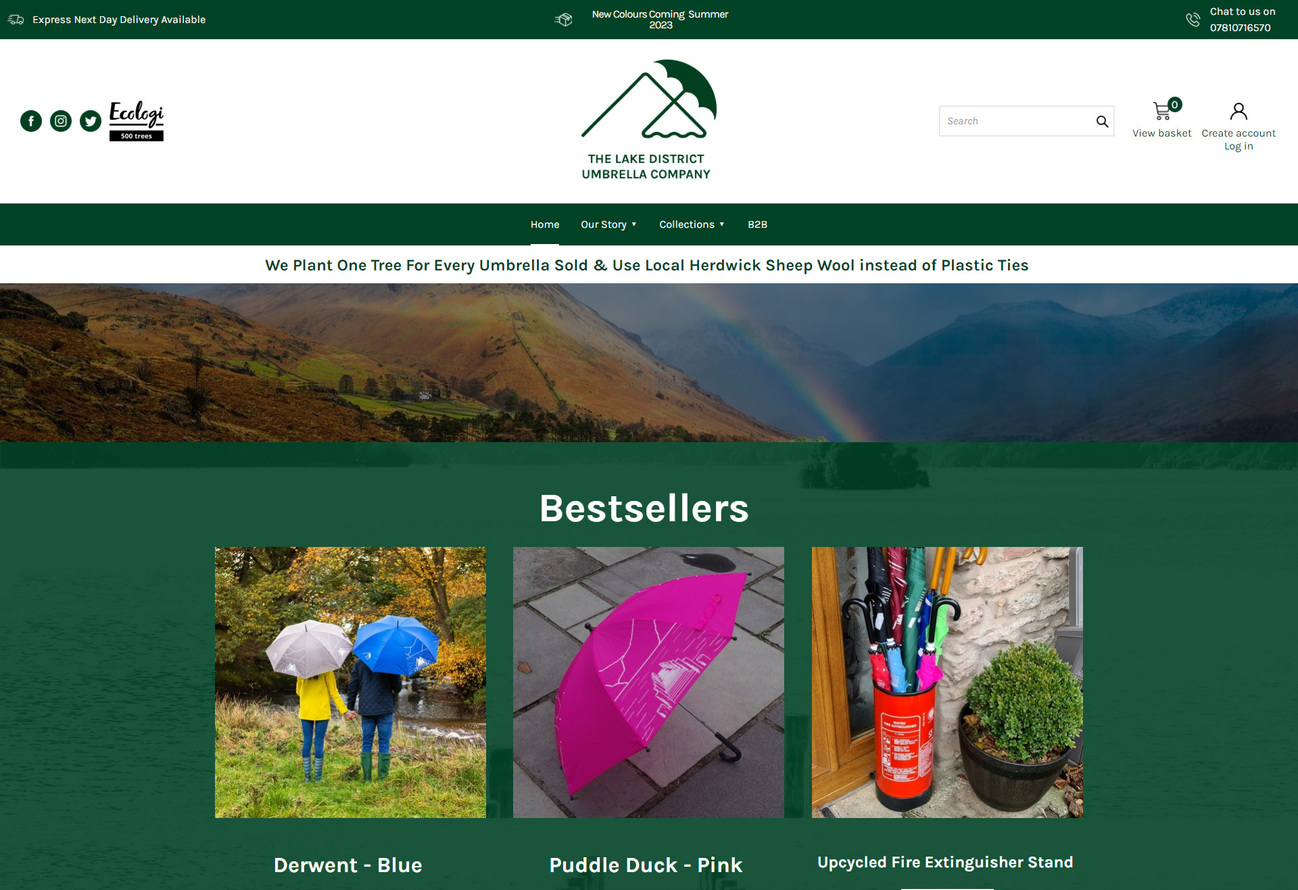The Lake District Umbrella Company website on desktop screen size