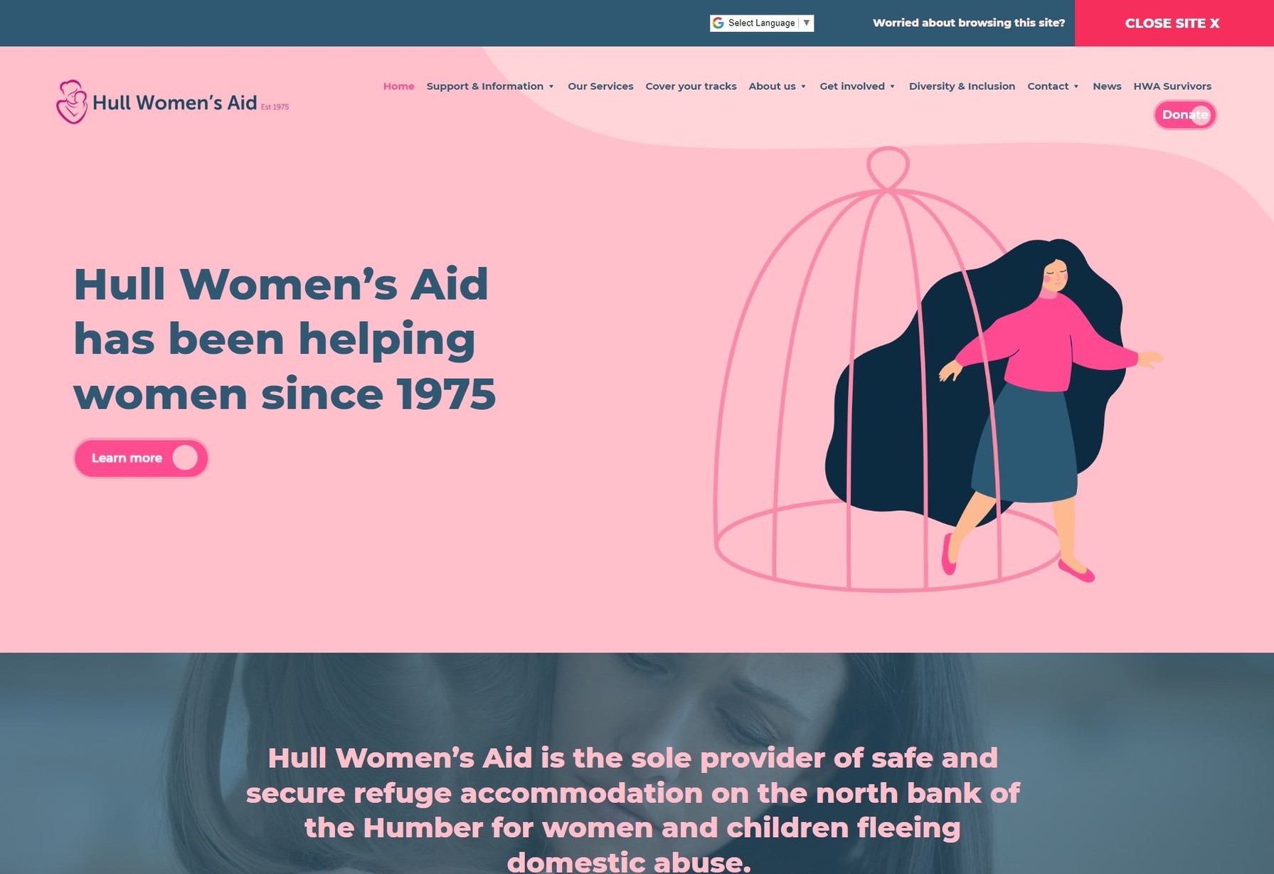 Hull Women's Aid website on desktop screen size